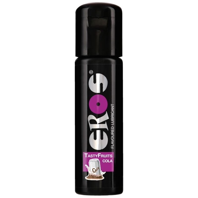 Black bottle of Eros flavored lubricant, Cola flavor, with purple label reading "Tasty Fruits Cola"