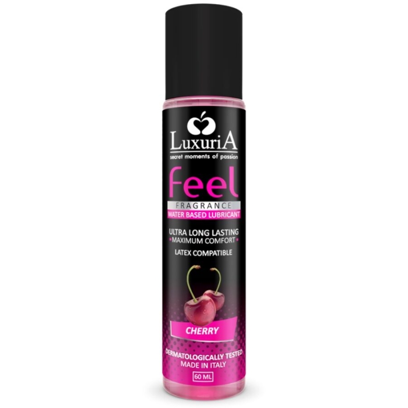 LuxuriA Feel cherry water-based lubricant bottle, 60 ml, upright with black cap and pink label
