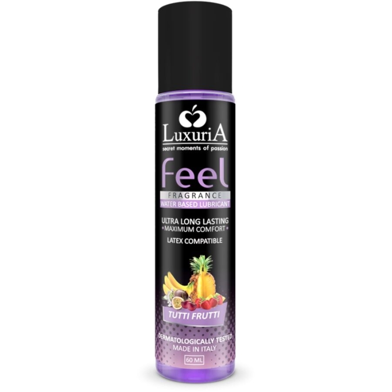 LuxuriA Feel water-based lubricant bottle with a purple cap and Tutti Frutti flavor label (60 ml) - latex compatible