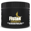 Tub of FistAn silicone and water-based lubricant with a black label, yellow bird logo, and bold white 'FistAn' text; notes: dermatologically tested and latex compatible.