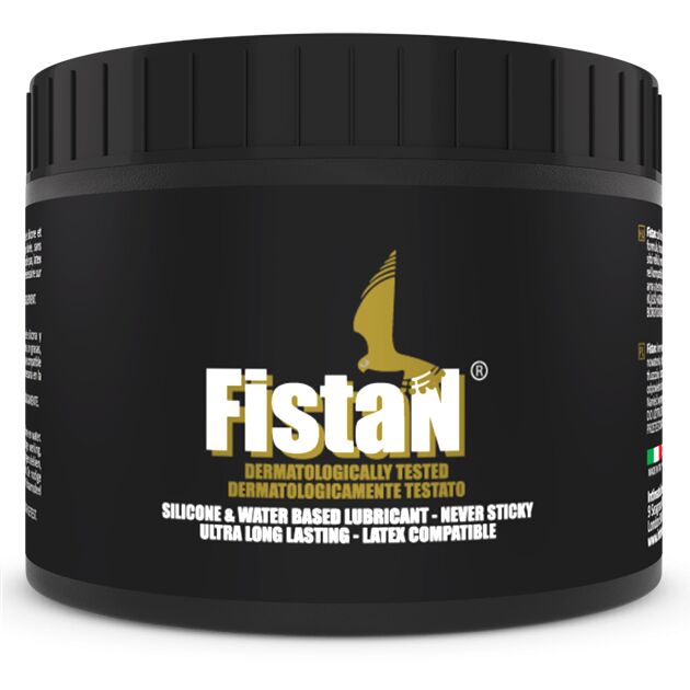 Tub of FistAn silicone and water-based lubricant with a black label, yellow bird logo, and bold white 'FistAn' text; notes: dermatologically tested and latex compatible.