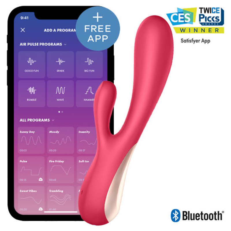 Phone screen shows a sexual wellness app interface beside a pink Bluetooth vibrator with CES award badges in the corner.
