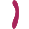 Pink curved vibrator with a tapered tip and subtle texture detail, standing upright on a white background