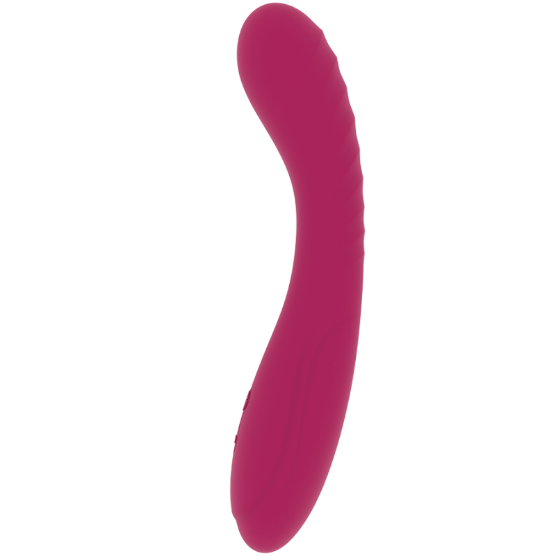 Pink curved vibrator with a tapered tip and subtle texture detail, standing upright on a white background