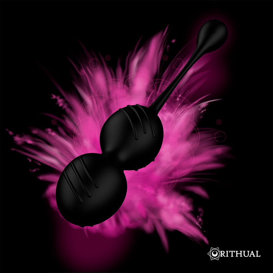 img_91066_3004187cefee50b8f5ce9293033ac50c_1png - Sex Shop | Lodia.gr - 100% Διακριτική Και Παράδοση με courier της επιλογή σας Black double-ball kegel exerciser with a long handle, set against a bright pink splash background (Orithual brand).