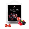Product packaging for Brazilian Balls Berries by Secret Play, with berries and two red gel spheres in front of the box.