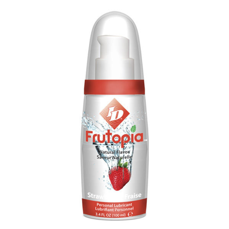 Frutopia strawberry-flavored personal lubricant bottle with red cap and wave graphic on label.