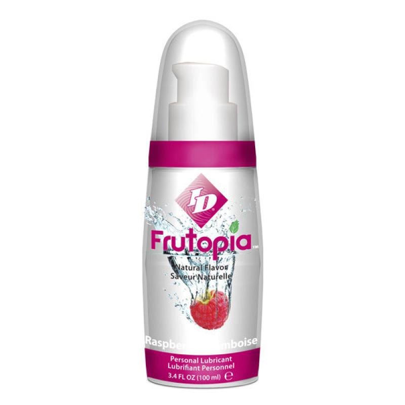 Frutopia raspberry-flavored personal lubricant bottle with pump, white and magenta design