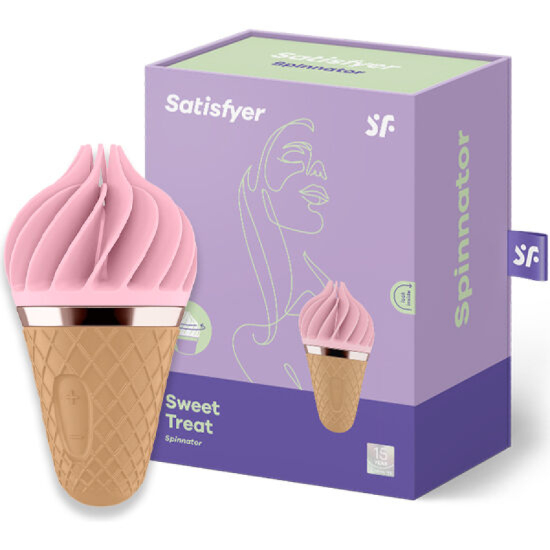 Ice-cream cone shaped silicone sex toy with a pink swirl top beside a purple Satisfyer box labeled 'Sweet Treat'.