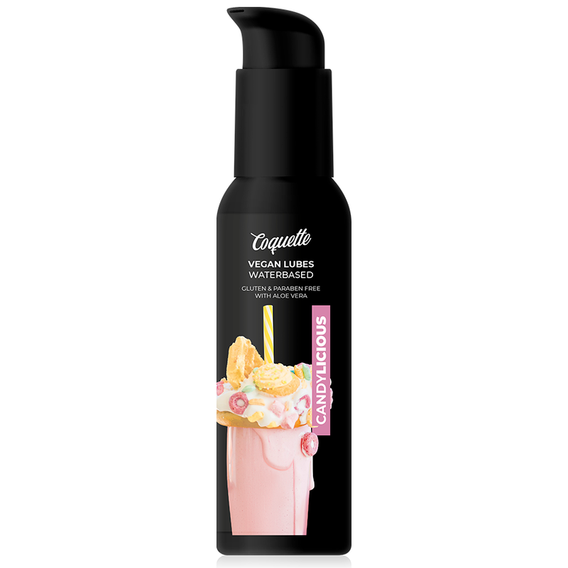 Coquette Candylicious vegan water-based lubricant bottle with a pump and candy-themed artwork on a black bottle.