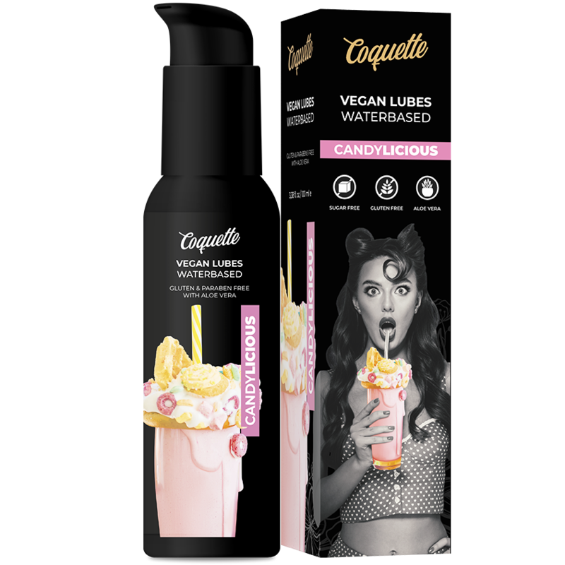 Coquette Candylicious vegan water-based lubricant bottle and matching box, featuring a pink milkshake image on the label and pink accents.