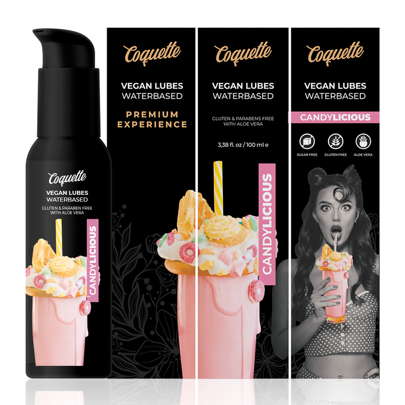 img_97423_2def7cd0184e5f8830fa50cfd033090e_1png - Sex Shop | Lodia.gr - 100% Διακριτική Και Παράδοση με courier της επιλογή σας Four-panel Coquette vegan lubricants display: black packaging, pink candy-themed label, and a milkshake image promoting Candylicious flavor with a pump bottle on the left.