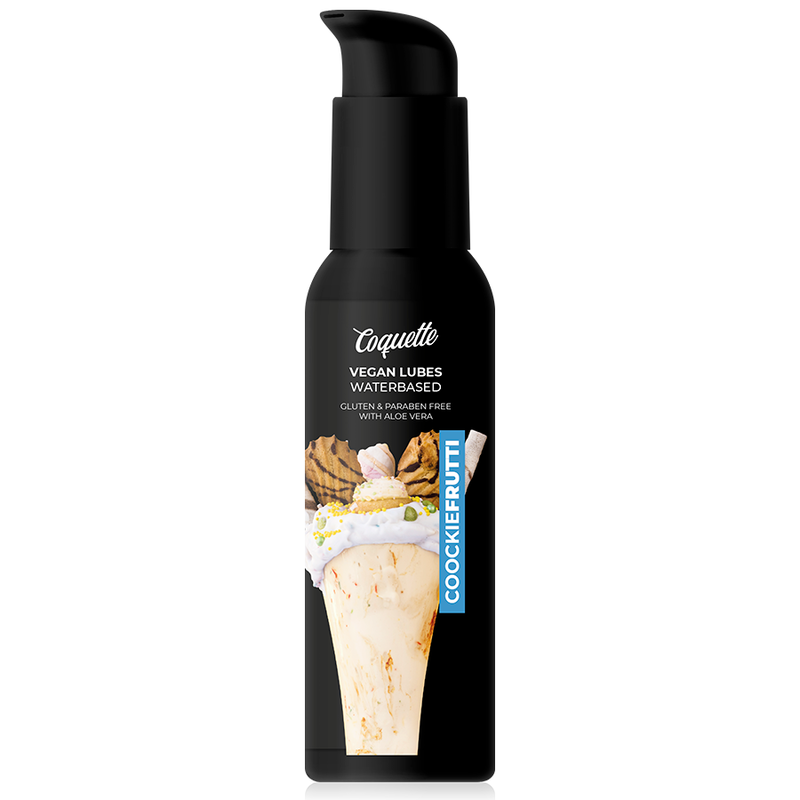 Coquette vegan water-based lubricant bottle with pump, black label showing a dessert image and a blue vertical flavor tag.