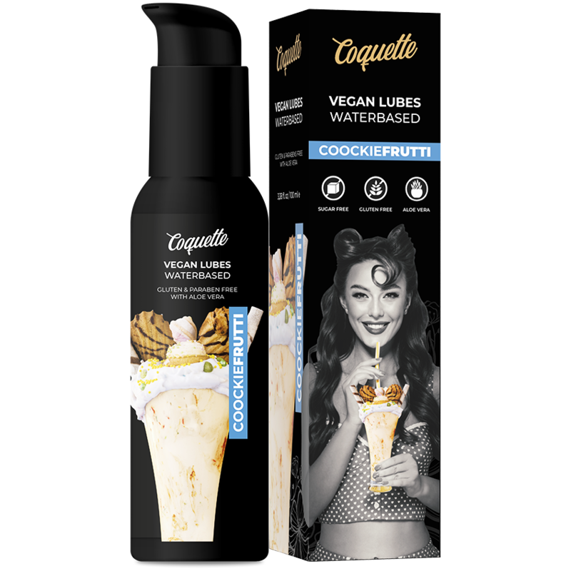 Black bottle and matching box of Coquette vegan water-based lube with cookie fruit flavor; features an ice-cream cone graphic on the label and a retro photo on the box.
