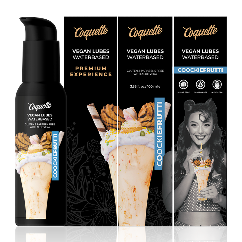img_97429_3d0034eb3aaaa4085e0629db7bc025c3_1png - Sex Shop | Lodia.gr - 100% Διακριτική Και Παράδοση με courier της επιλογή σας Coquette vegan lubes waterbased packaging set: one black pump bottle and three boxes with ice cream dessert imagery.