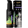 Bottle of vegan, water-based lube with cannabis leaf graphic and purple Spacesativa label beside a black box packaging.