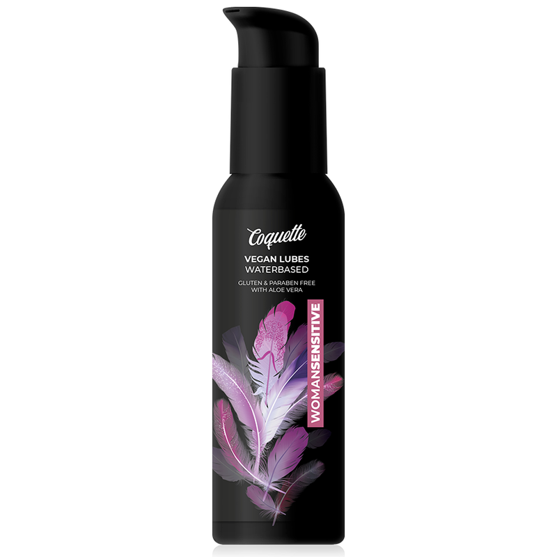 Black pump bottle of Coquette vegan water-based lubricant for women, with pink-purple feather design and bold white text on the label.